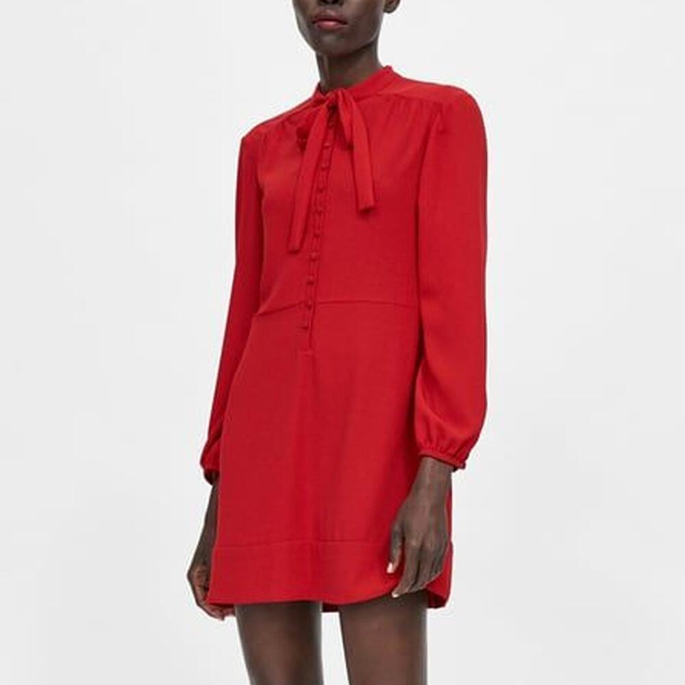 Zara Red Long-Sleeve Tie-Neck Mini Dress